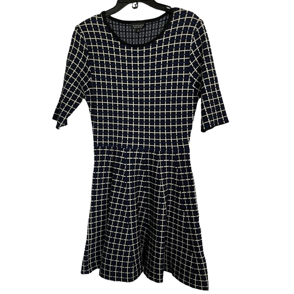 Topshop Blue White Squares Dress Textured Fabric Scoop Neck Size 8
